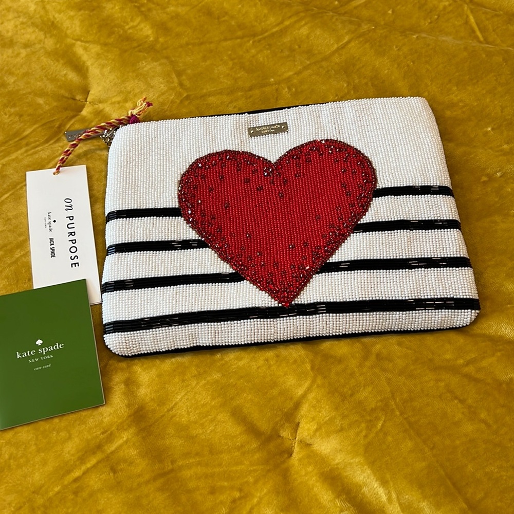 Kate Spade On Purpose Heart & Stripes Handcrafted Embellished Clutch, NWT
